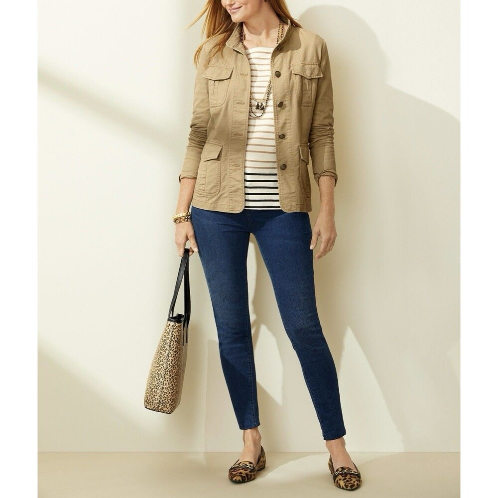 Talbots Womens Tan Band Collar Jacket Gold Button Size 1X Cotton NWT Utility